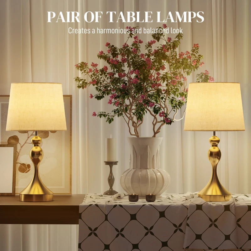 HOMCOM Dimmable Bedside Lamps Set of 2, Modern Table Lamps with 3 Colour Temperatures, USB A+C Charging Ports and Linen Shade for Living Room Bedroom Office, Gold Tone