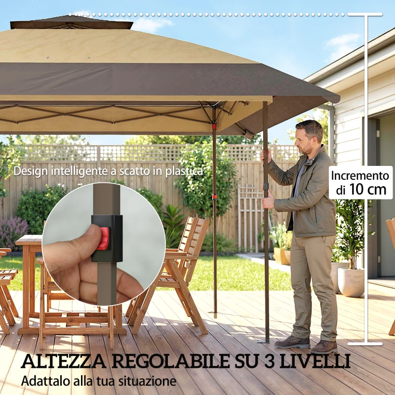 Outsunny Gazebo Pieghevole 4x4 m con 4 Zanzariere Laterali, Doppio Tetto e Sacchi di Sabbia, Cachi e Marrone