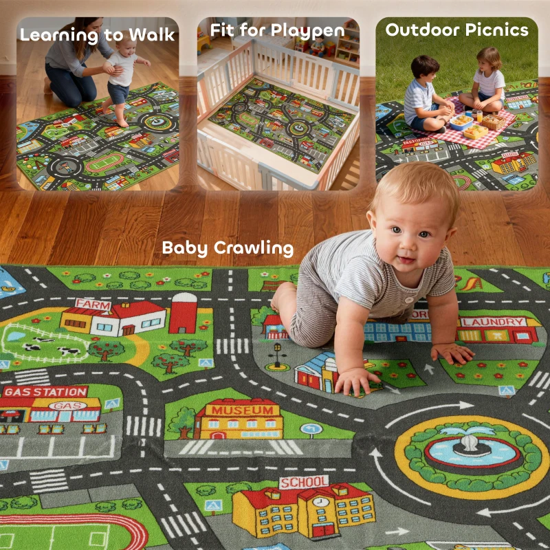 AIYAPLAY Mata do raczkowania, mata do zabawy 160x100x0,5cm, antypoślizgowa mata z motywem miasta do pokoju dziecięcego
