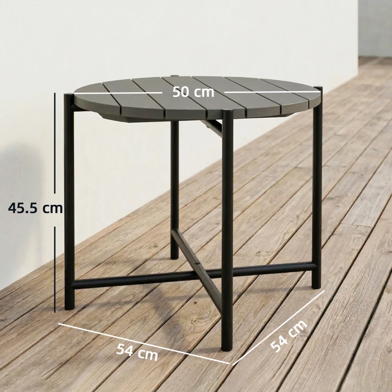 Outsunny 54 cm Round Outdoor Side Table, Industrial Small Garden Table with Slatted Wood Top and Metal Frame, Dark Grey