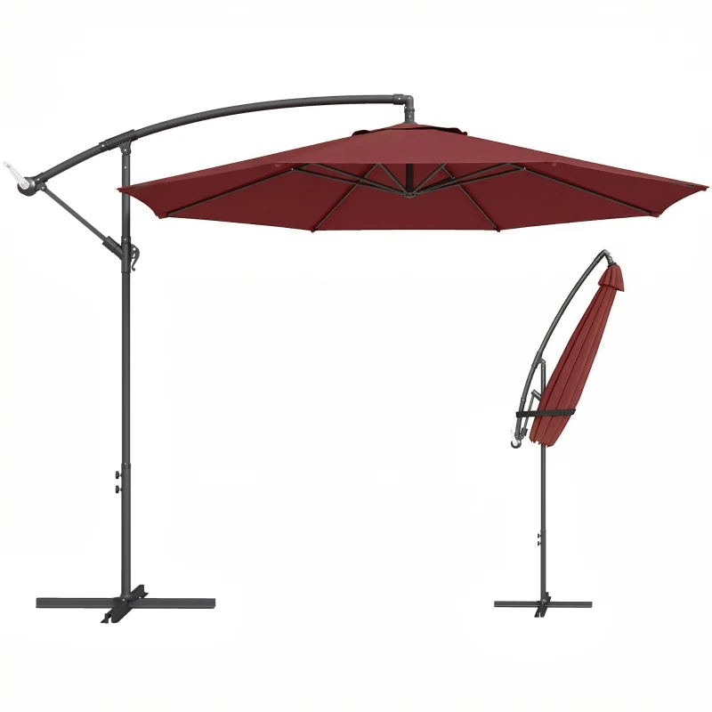 Outsunny 3 m Overhanging Cantilever Parasol, with Cross Base - Wine Red
