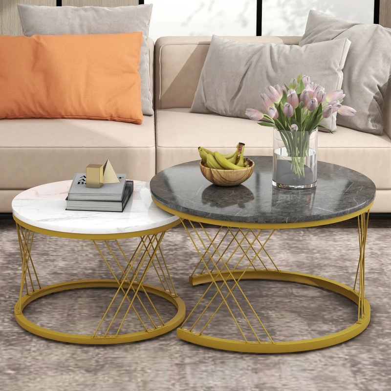 Set of 2 Modern Nesting Marble Coffee Tables with Metal Frame, Space-Saving Design, 70x70x45 cm and 44.5x44.5x38 cm, Grey