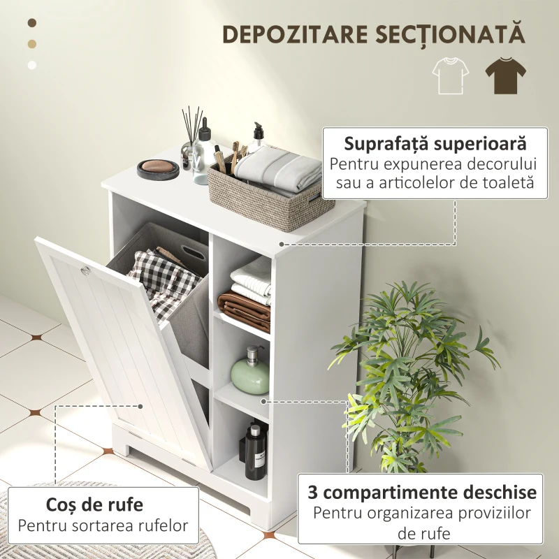 HOMCOM Dulap de baie pentru rufe cu coș detașabil și rafturi reglabile, 60x38x86 cm, alb(m-4)