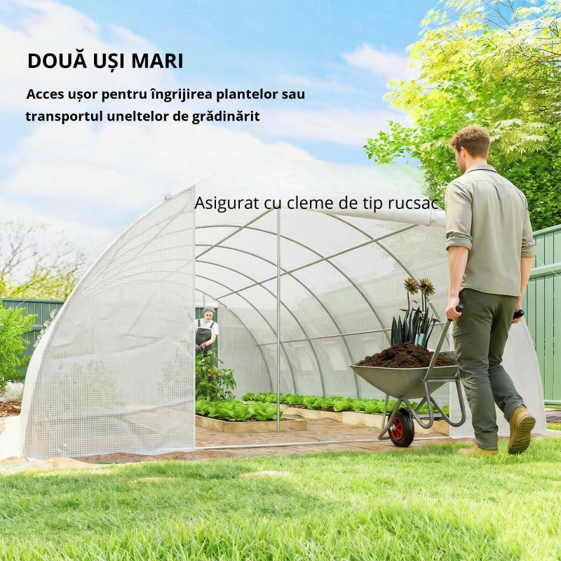 Outsunny Seră tunel cu 2 bare de susținere, 2 uși rulante și ferestre cu plasă, învelitoare din PE anti-UV, alb