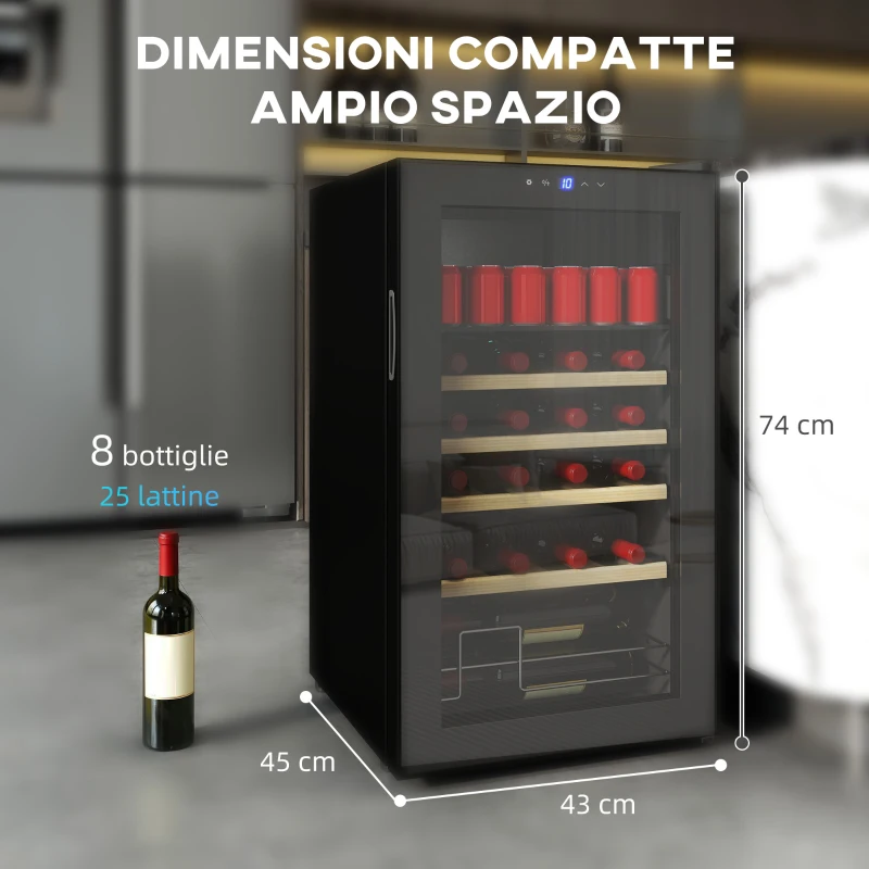 HOMCOM Cantinetta Frigo per Vino da 63L con Ripiani Regolabili per 16 Bottiglie e 25 Lattine, 43x45x74 cm, Nero