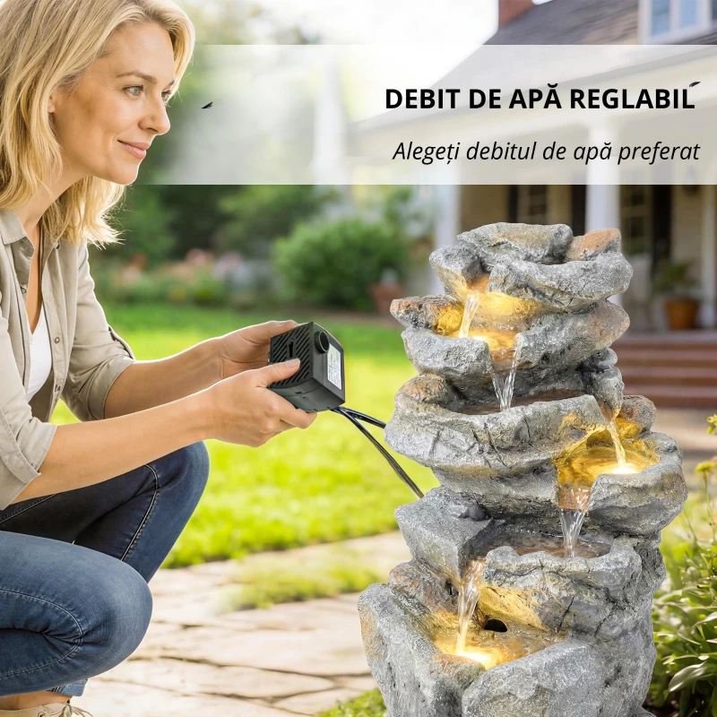 Outsunny Fântână de exterior cu design de rocă în 6 niveluri, cascadă de apă cu lumini LED, debit reglabil, gri