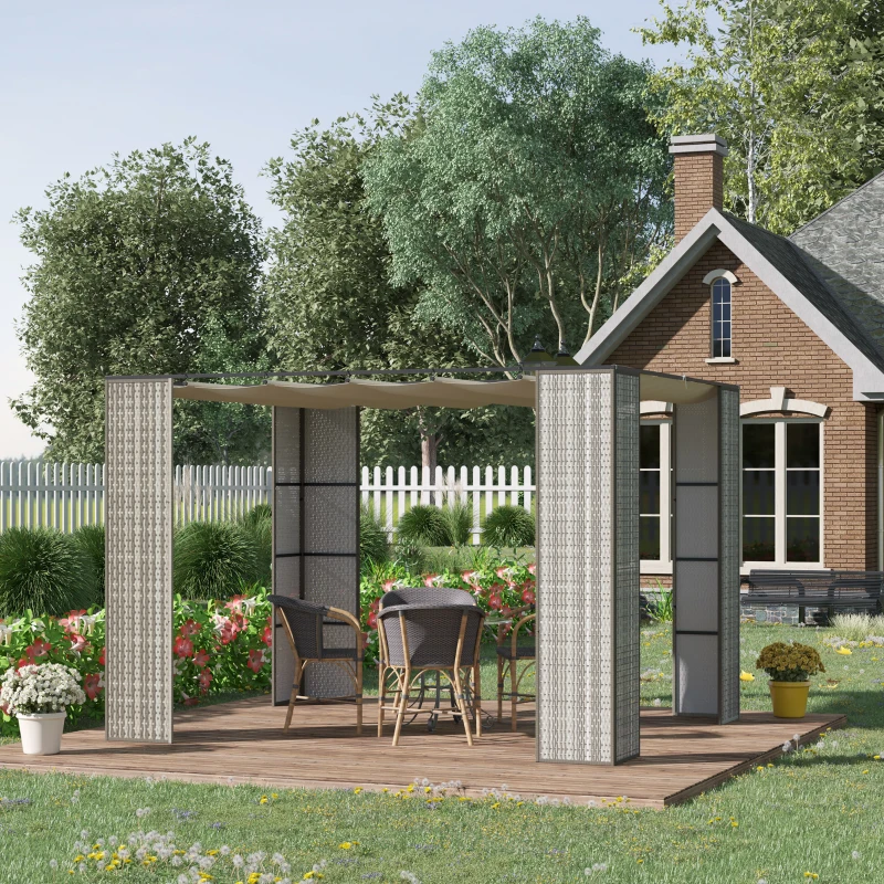 Outsunny Pergola rétractable 3L x 3l x 2H m toit coulissant toile polyester haute densité anti-UV structure métal époxy anticorrosion résine tressée PP gris et crème
