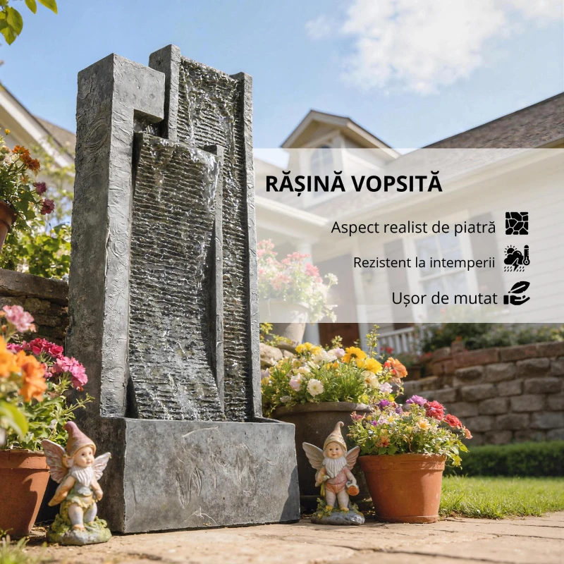 Outsunny Fântână 3 trepte pentru grădină cu iluminare LED, ghiveci, pompă, aspect piatră, reglabil 38 x 19 x 101 cm