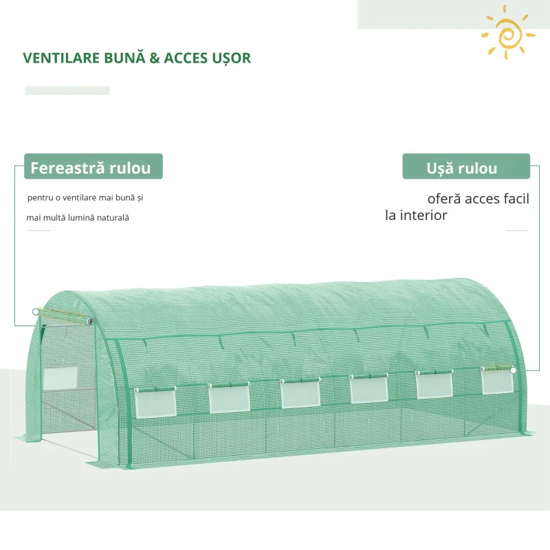 Outsunny Seră de grădină seră tunel 18 m² cu ușă, pereți laterali cu fermoar 12 ferestre oțel PE 4 x 3 x 2 m verde