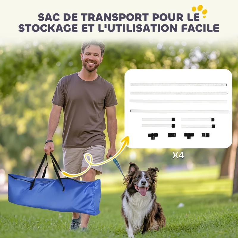 PawHut Agility pour chiens, kit agility chien parcours, set de 4 obstacles professionnels hauteur réglable, système de maintien au sol sac transport parfait pour jeux intéressants, entraînement, blanc