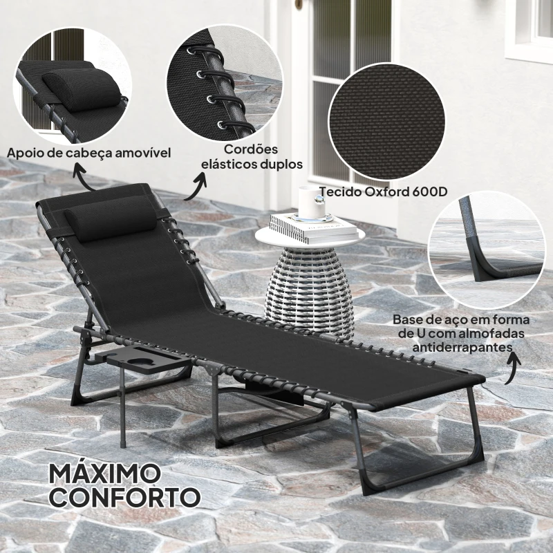 Outsunny Espreguiçadeira Dobrável com Encosto Ajustável Apoio de Cabeça Bolso Lateral Bandeja e Estrutura em Aço 190x60x31 cm Preto
