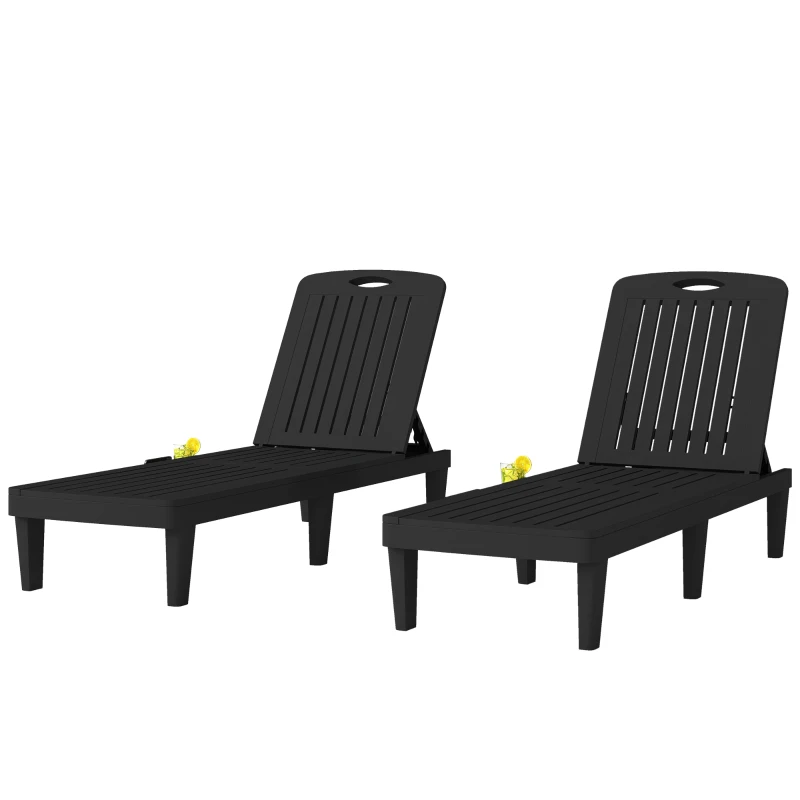 Outsunny Conjunto de 2 Tumbonas Reclinables de Plástico PP con Bandeja Lateral Respaldo Ajustable 5 Niveles 192x57x28,5 cm Negro