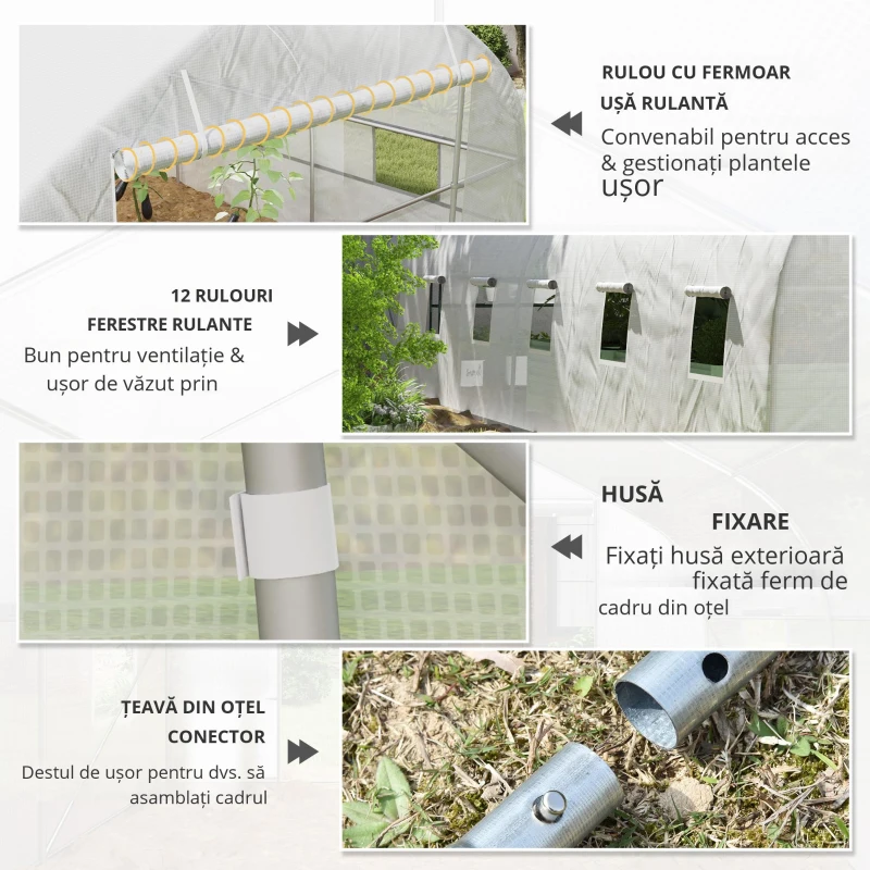 Outsunny Seră de grădină tunel cu acoperiș PE cadru din oțel ușă rulabilă și 12 ferestre 8 x 3 x 2 m alb