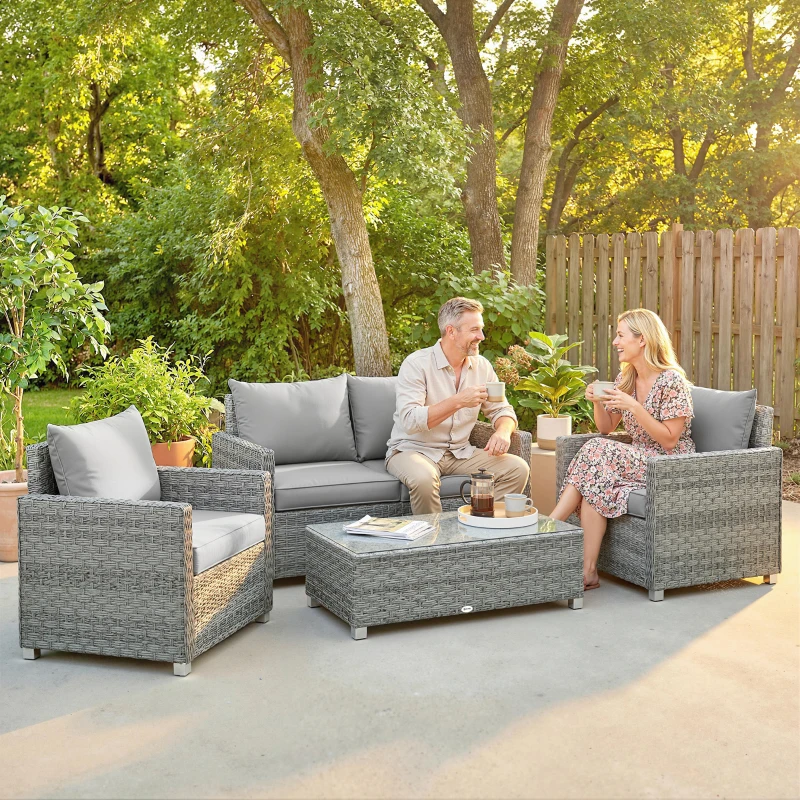 Outsunny 4 Piece Rattan Garden Furniture Set with Loveseat, 2 Armchairs, Glass-Top Table, Wicker Patio Conversation Set, Grey