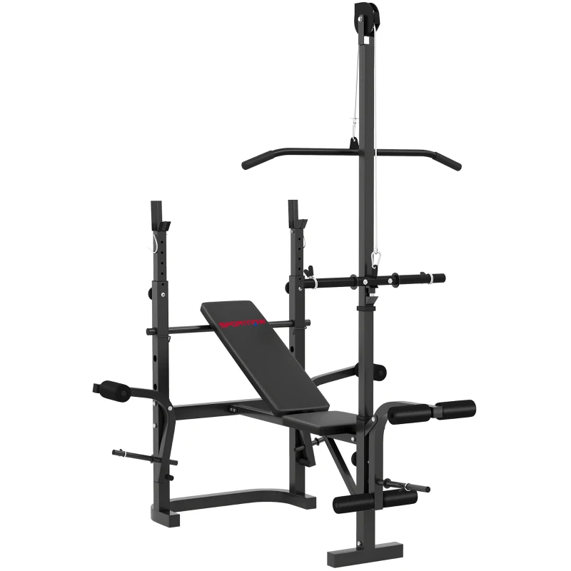 SPORTNOW Banco de Musculación con Soporte para Barra Ajustable Extensión de Piernas Curl de Predicador y Mariposa para Gimnasio
