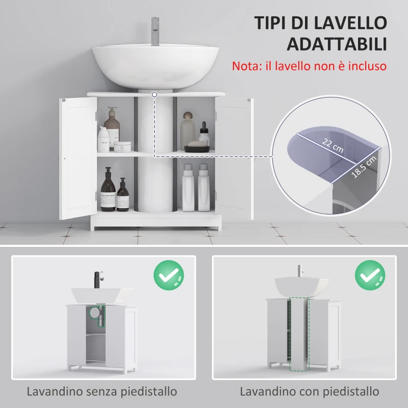 kleankin Mobile Sottolavabo a 2 Ante con Ripiano Regolabile e Intaglio a U, 60x30x60 cm, Bianco