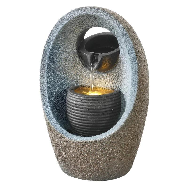 Outsunny Water Feature with 2-Tier Bowls, Garden Water Fountain with Pump and LED Lights, Resin Cascading Waterfall