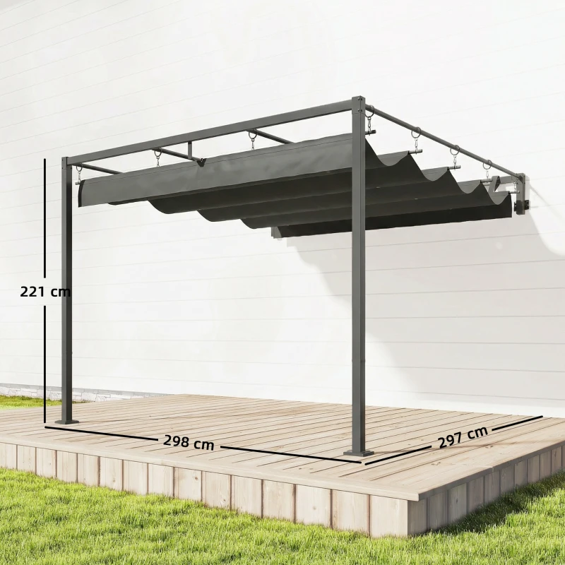 Outsunny Pérgola de Parede para Jardim 3x3 m com Teto Retrátil Proteção UPF30+ Drenagem Pérgola de Jardim para Exterior Cinzento