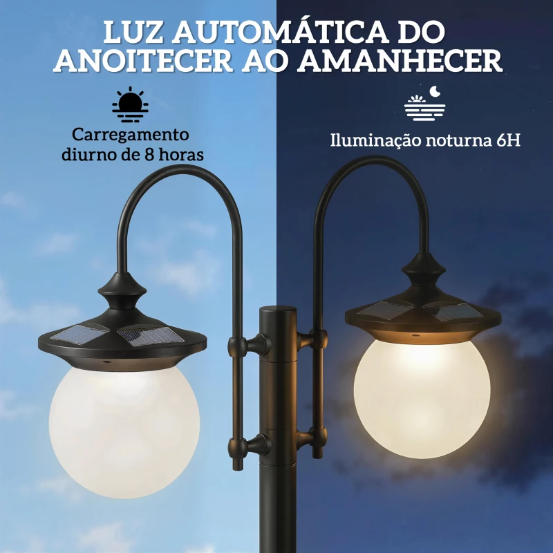 Outsunny Candeeiro Solar de Exterior com Vaso 2 Cabeçais Impermeável IP44 Ligação Automática Altura Ajustável