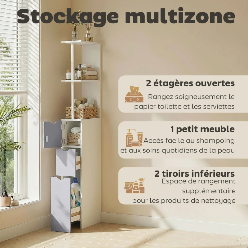 HOMCOM Etagère gain de place WC ou salle de bain 15L x 33l x 136H cm 3 niveaux 2 tiroirs et placard MDF métal blanc gris