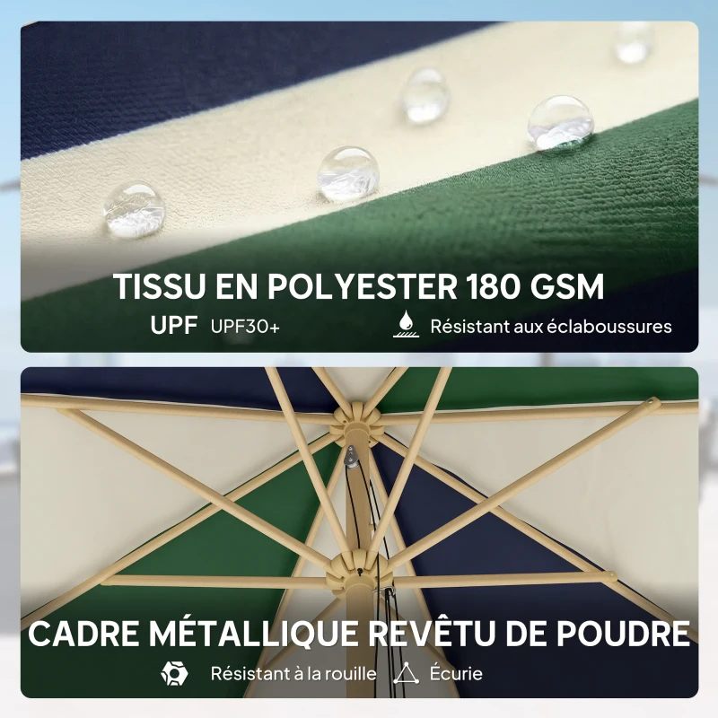 Outsunny Parasol de Jardin à Corde Protection Solaire UPF30+ Style Rétro Effet Bois avec Volants Inclinable Ø 226 cm Crème et Vert