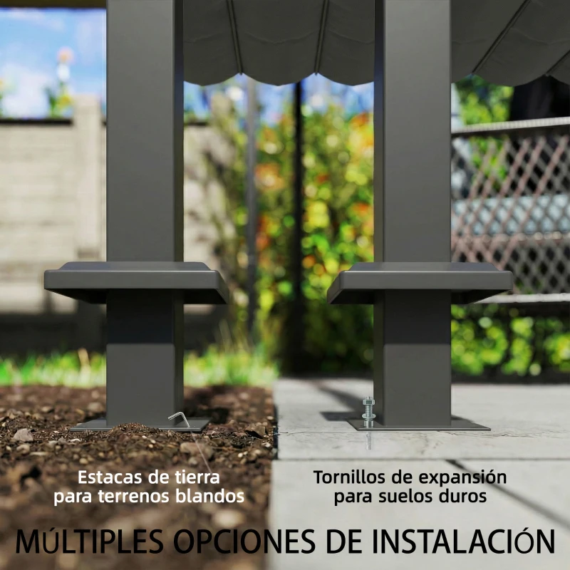 Outsunny Pérgola de Pared de Jardín 3x3 m con Techo Retráctil Protección UPF30+ Drenaje Cenador de Jardín para Exterior Gris