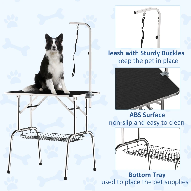 PawHut Trimmtisch für Hunde Hundepflegetisch klappbar, Haustierpflegetisch mit höhenverstellbarem Galgen, Schlingen, Netzkorb, Schertisch bis 150 kg, 90 x 60 x 75 cm, Schwarz
