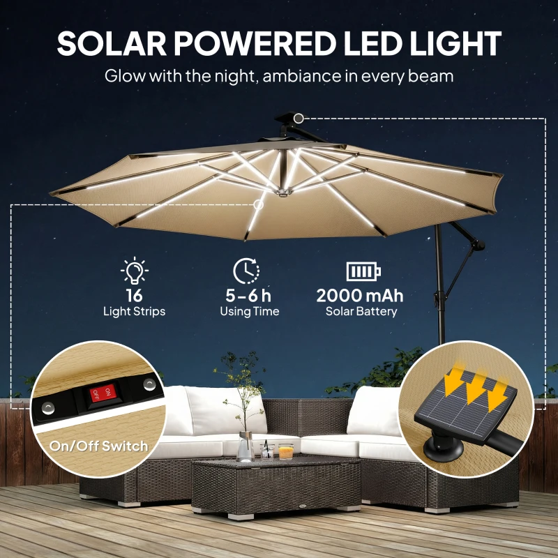 Outsunny 3 m Garden Cantilever Parasol with LED Solar Light, Round Overhanging Umbrella with 360° Rotation, Cover, Khaki