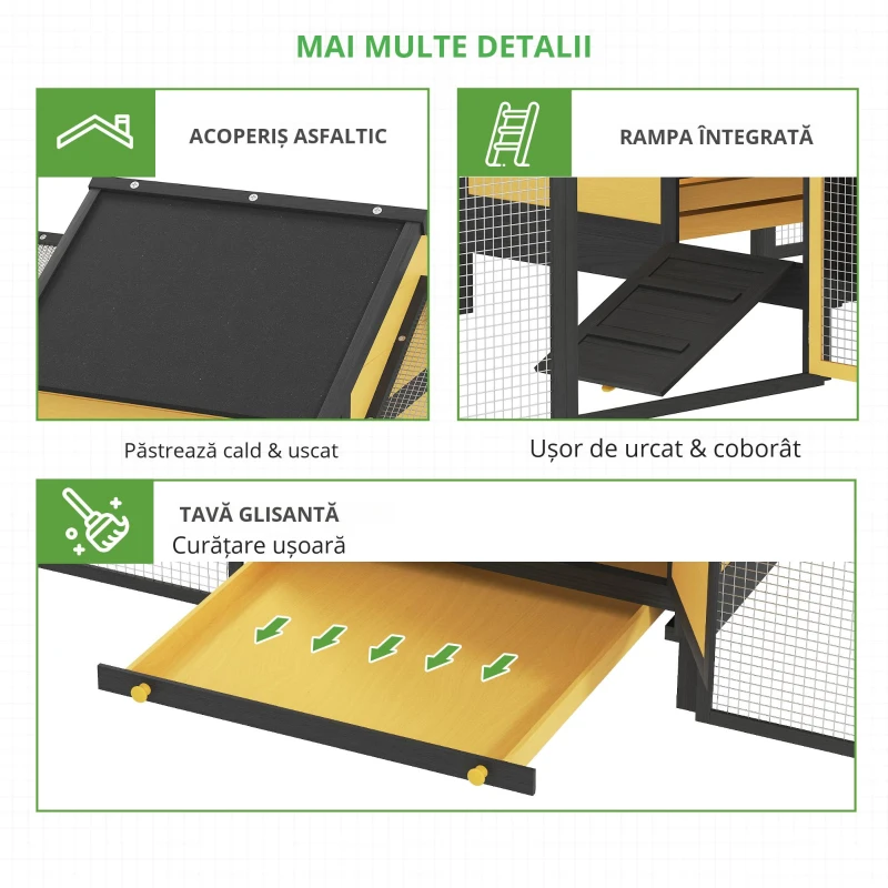 PawHut Adăpost pentru păsări, 2 țarcuri exterioare, 1 cuib, 2 rampe, rezistent la intemperii, galben.