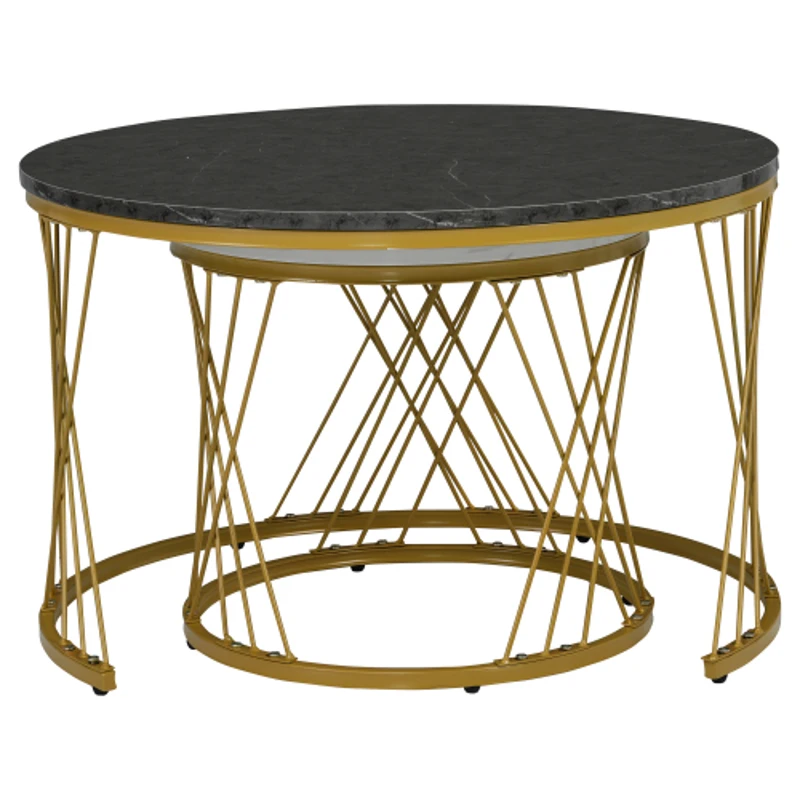 Set of 2 Modern Nesting Marble Coffee Tables with Metal Frame, Space-Saving Design, 70x70x45 cm and 44.5x44.5x38 cm, Grey