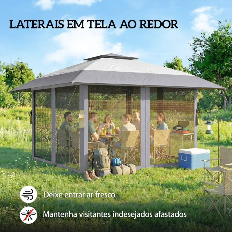 Outsunny Tenda Dobrável 4x4 m Pop-up com Duplo Teto, 4 Laterais de Rede, Altura Ajustável, Bolsa de Transporte, UPF30+, Cinzento