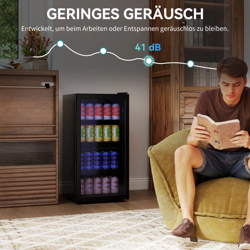 HOMCOM Mini koelkast 93 L koelbox met glazen deur, verstelbare planken, LED, temperatuurregeling, 47,2 x 43,7 x 83,3 cm Zwart