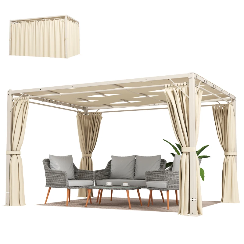 Outsunny Pérgola de Jardim 385x295x225 cm com Teto Ondulado 4 Cortinas Removíveis Proteção UPF50+ e Estrutura de Aço Bege