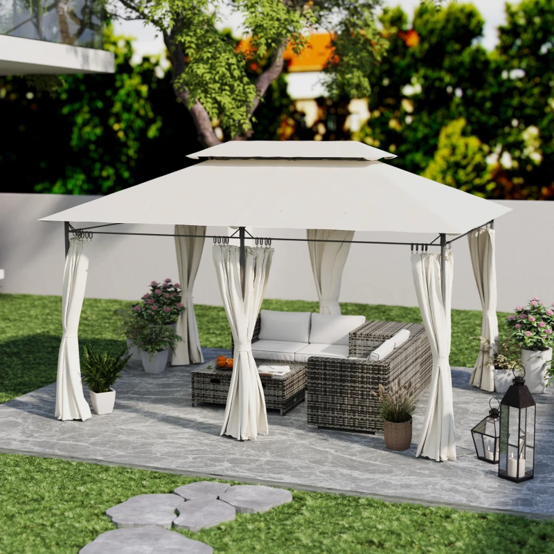 Outsunny Pérgola de Jardim 397x297x265 cm Pérgola de Exterior com Teto Duplo Paredes Laterais Resistente a Água Creme