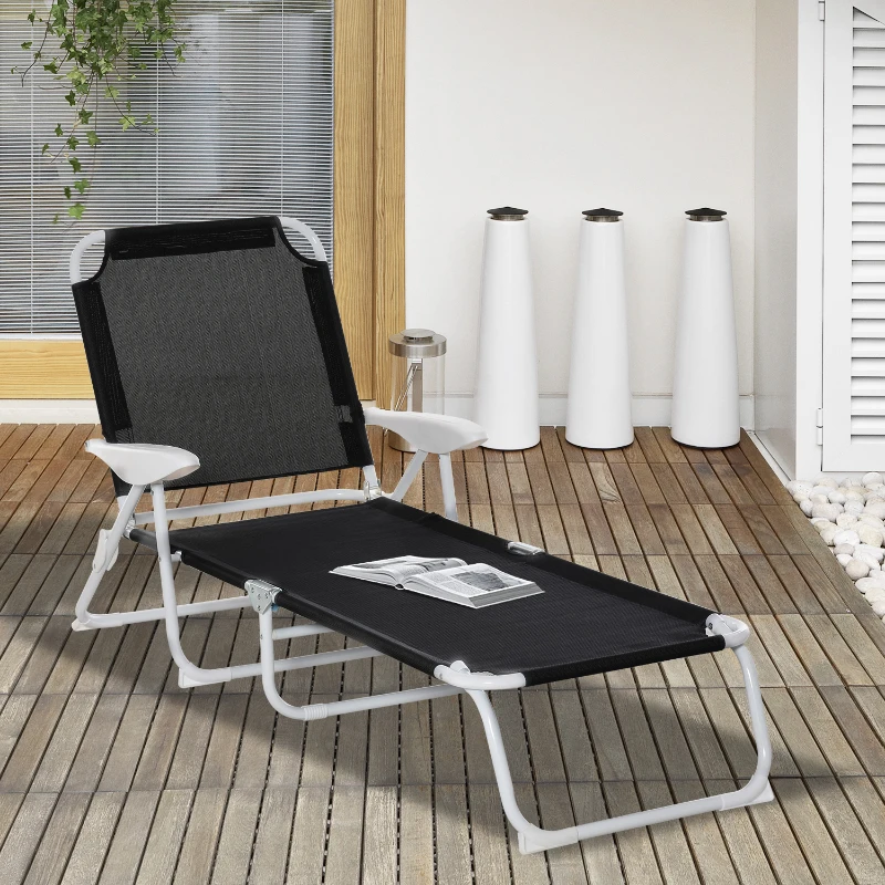 Outsunny Bain de Soleil Pliable - transat inclinable 4 Positions - Chaise Longue Grand Confort avec accoudoirs - métal époxy textilène - dim. 186L x 66l x 80H cm - Noir