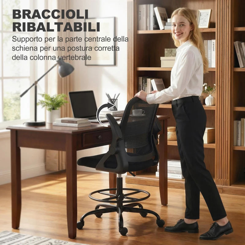 HOMCOM Sedia da Ufficio Ergonomica con Supporto Lombare e Poggiapiedi, in Tessuto e Acciaio, 58x63x105-126 cm, Nero