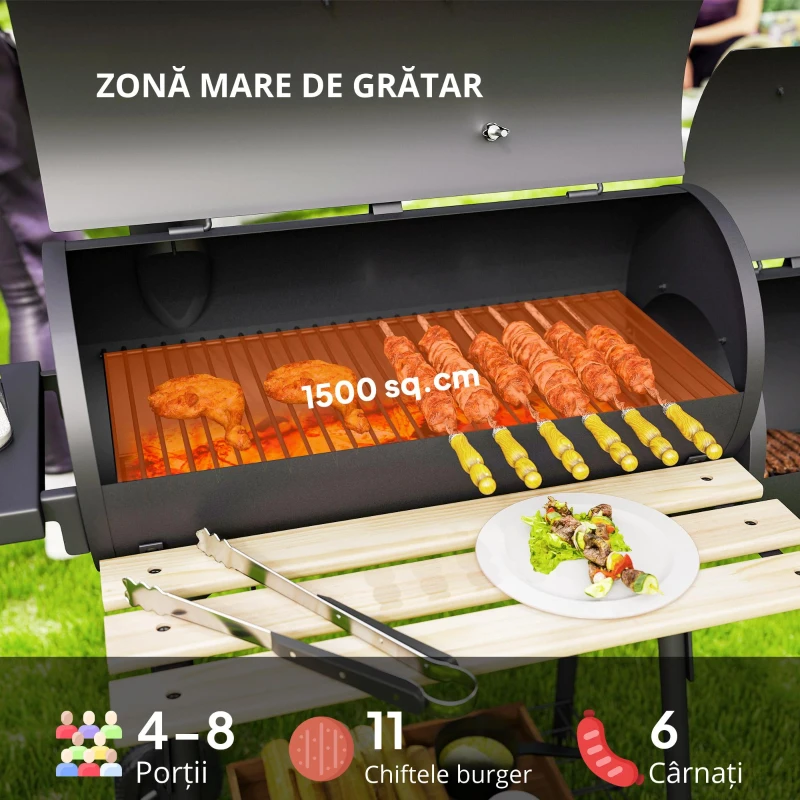 Outsunny Gratar de gradina cu capac si afumator, gratar pe carbune cu rafturi si roti 124x53x104cm, negru