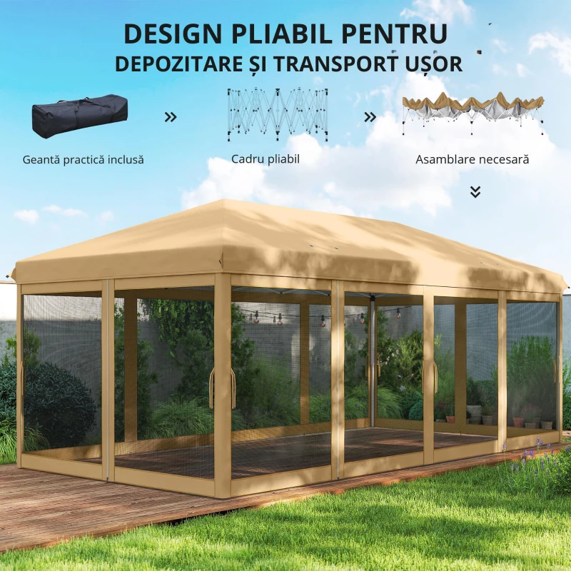 Outsunny Baldachin Pop-Up cu Plasă, Cort pentru Petreceri cu Geantă de Transport pentru Exterior, 585x295x270 cm, Bej