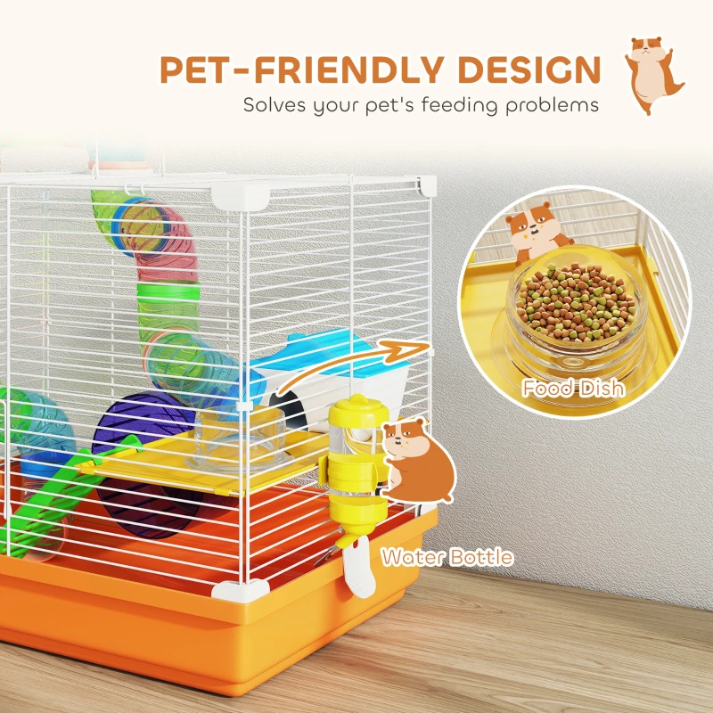 PawHut 2 Tier Hamster Cage, Gerbil Cage with Handle, Exercise Wheels, Tunnel, Water Bottle, Dishes, Ladder, for Dwarf