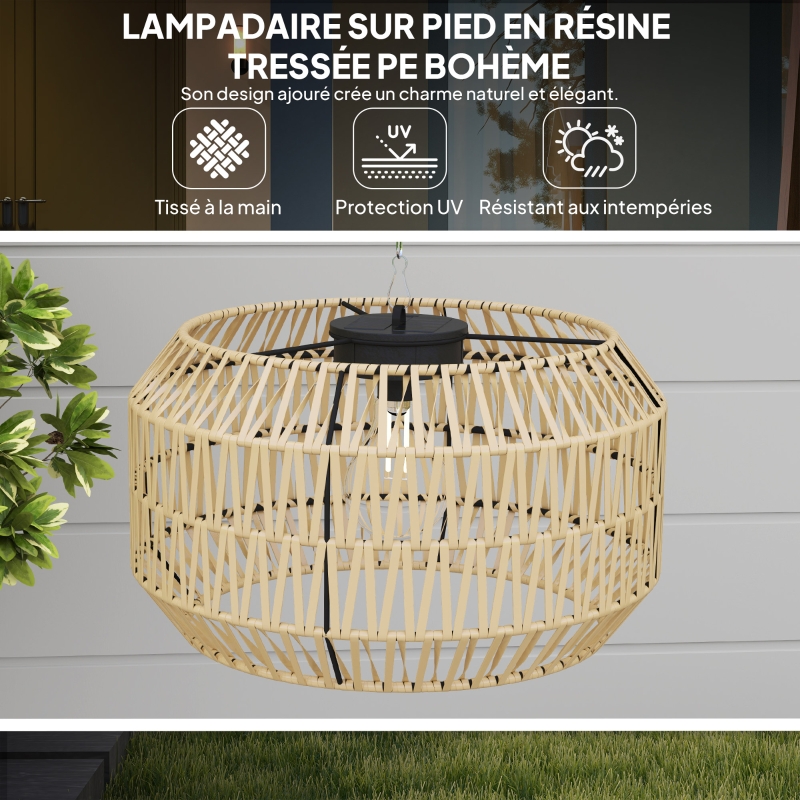 Outsunny Lampadaire solaire extérieur résine tressée, lampadaire bohème 178cm, capteur de lumière, éclairage automatique, jaune