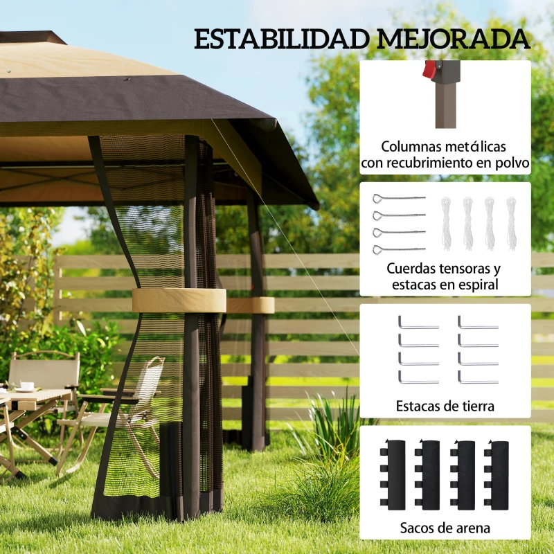 Outsunny Carpa Plegable 4x4 m Pop-up con Doble Techo 4 Laterales de Malla Altura Ajustable Bolsa Transporte UPF30+ Caqui