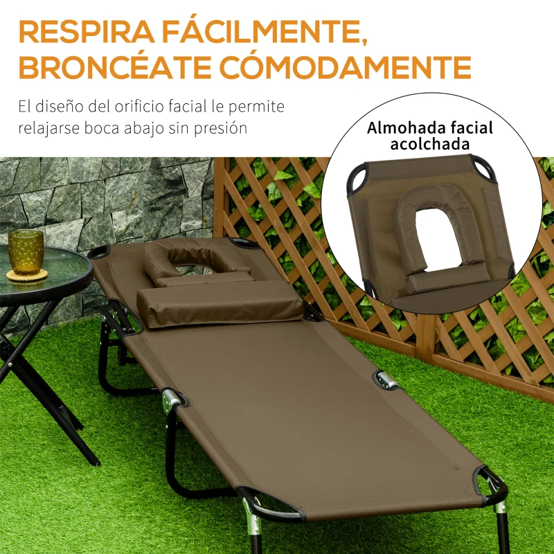 Outsunny Tumbona Plegable con Respaldo Regulable 4 Posiciones con Orificio de Lectura Almohada Tela Oxford 190x56x28 cm Marrón