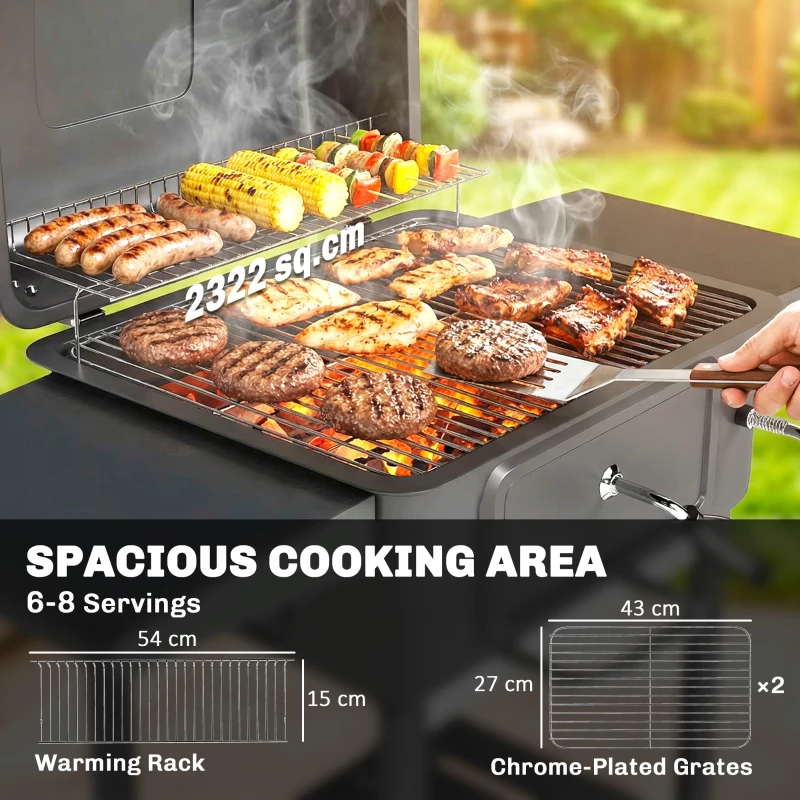 Outsunny Grill węglowy BBQ Smoker z pokrywą, termometrem, regulowaną tacą na węgiel, rusztem, bocznym stołem i szufladą na popiół