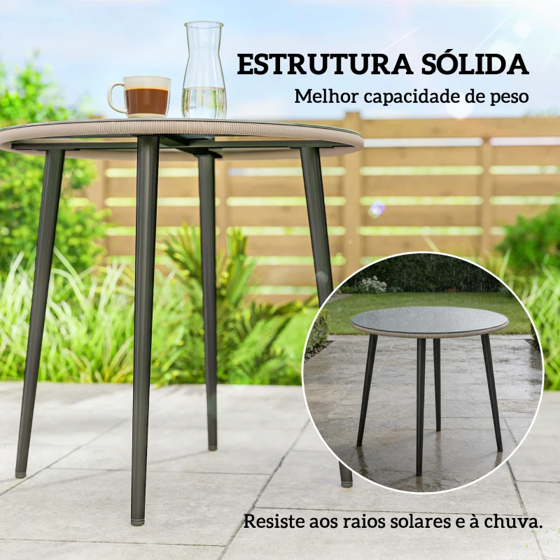 Outsunny Mesa de Jantar de Jardim Redonda 80x80x74 cm com Tampo de Vidro Temperado e Borda em Vime Estrutura de Aço Cinzento