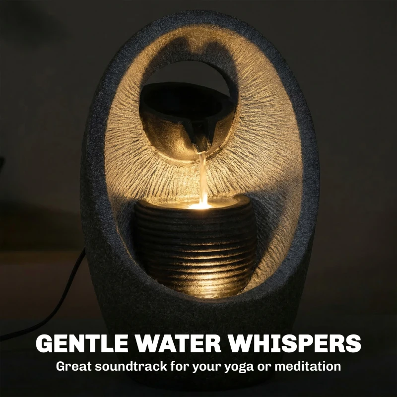 Outsunny Water Feature with 2-Tier Bowls, Garden Water Fountain with Pump and LED Lights, Resin Cascading Waterfall