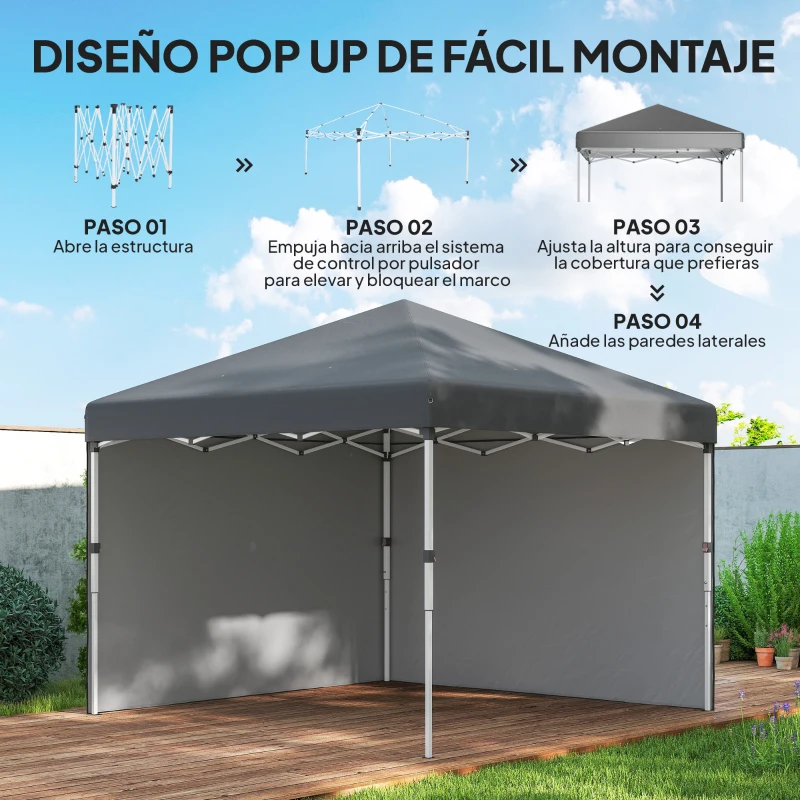 Outsunny Carpa Plegable Pop-up 3x3 m 2 Paredes Laterales Anti-UV Altura Ajustable Sacos de Arena Bolsa de Transporte Gris Oscuro
