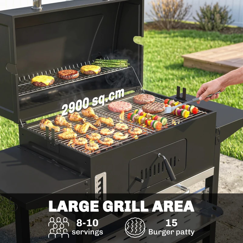Outsunny Charcoal BBQ Grill Smoker with Electric Rotisserie Kit, Portable Barbecue Grill with Warming Rack, Black