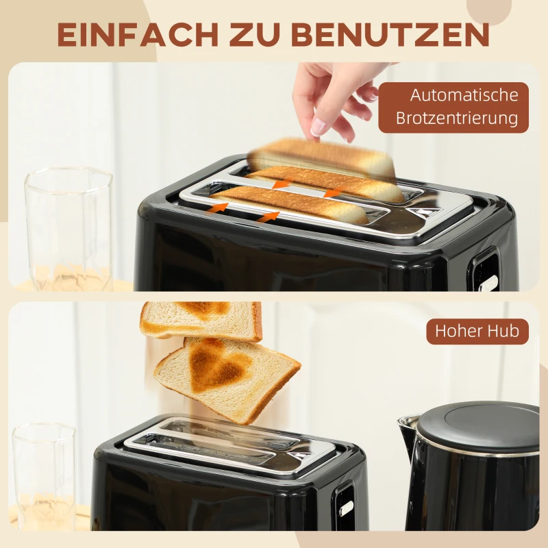 HOMCOM zestaw czajnik i toster ze stali nierdzewnej, 1,5 l, 2200 W, automatyczne wyłączanie, funkcja podtrzymywania ciepła 40–100°C, toster na 2 kromki z 7 poziomami opiekania, funkcje rozmrażania i podgrzewania, wyświetlacz LED, czarny