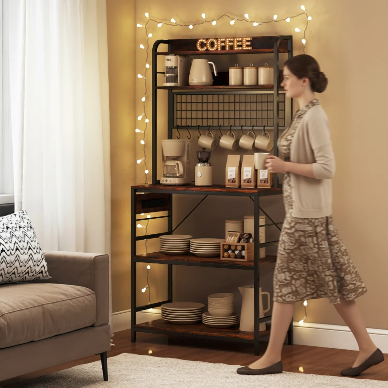 HOMCOM Scaffale da Cucina con Stazione di Ricarica, 5 Ripiani e 10 Ganci a S, in Legno e Acciaio, 80x40x170 cm, Marrone