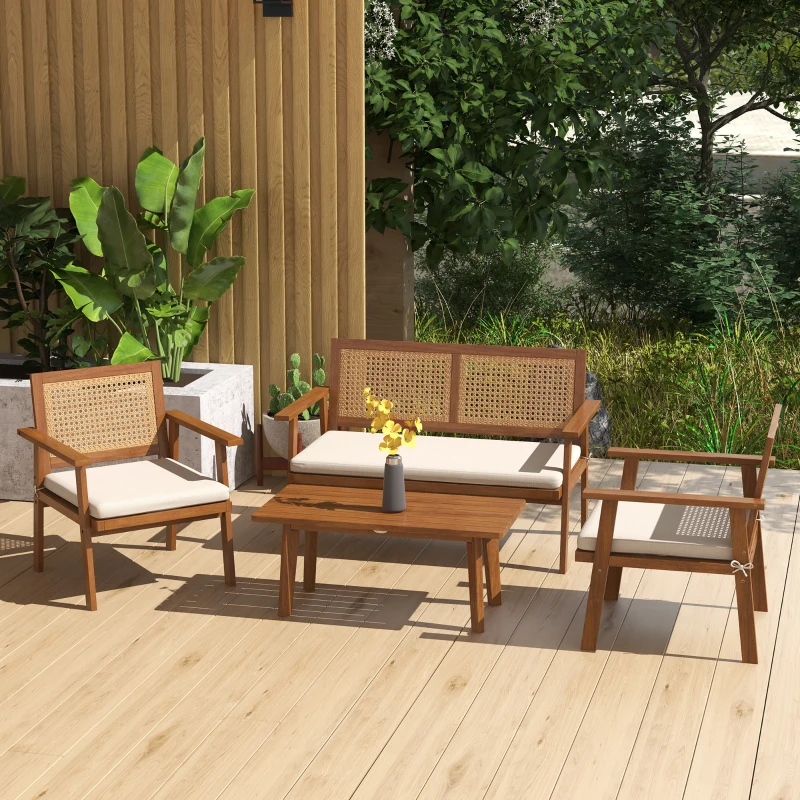 Outsunny Salon de jardin 4 pièces, 2 fauteuils, 1 canapé, 1 table basse, coussins - Style bohème - bois acacia et résine tressée